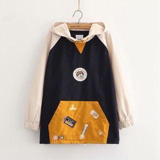 Embroidered Color Block Hoodie Pink - One Size