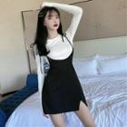 Long-sleeve Plain T-shirt / Mini Overall Dress