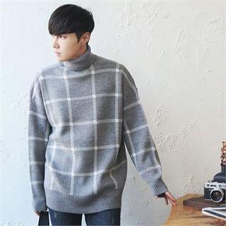 Turtle-neck Check Rib-knit Sweater