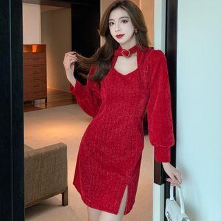 Long-sleeve Cutout Corduroy Dress