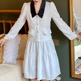 Contrast Collar Blouse / Midi A-line Skirt / Set