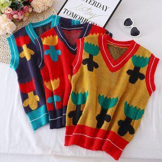 V-neck Sleeveless Flower Knit Top