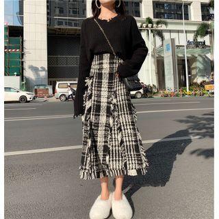 Set: Distressed Sweater + Plaid Tweed Midi A-line Skirt