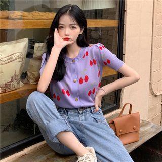 Short-sleeve Jacquard Cardigan Purple - One Size