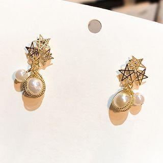 Faux Pearl Star Drop Earring 1 Pair - Silver Needle - Star & Faux Pearl - One Size
