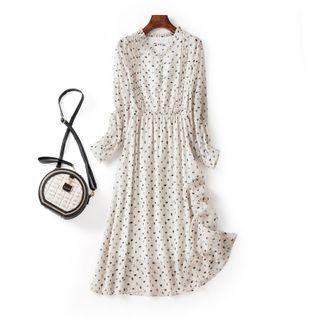 Puff-sleeve Patterned Midi A-line Dress