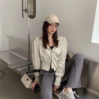 Plain Hooded Long-sleeve Jacket / High Waist Striped Wide Leg Pants