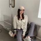 Plain Hooded Long-sleeve Jacket / High Waist Striped Wide Leg Pants