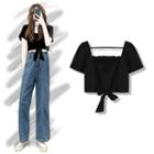 Square-neck Plain Pleated Bow Cropped Top