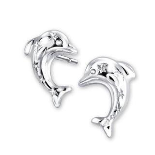 14k White Gold Diamond-cut Snowflake Dolphin Stud Earrings
