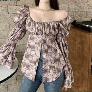 Cold Shoulder Floral Blouse Mauve - One Size