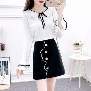 Set: Ruffled Contrast Trim Blouse + Buttoned Skirt