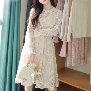 Crochet-trim Flared Midi Lace Dress
