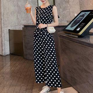 Set: Polka Dot Sleeveless Top + Wide-leg Pants