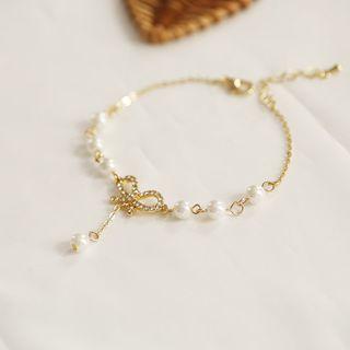 Rhinestone Bow & Faux-pearl Bracelet As Shown In Figure - One Size