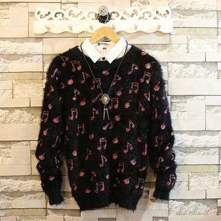 Printed Long-sleeve Furry-knit Top