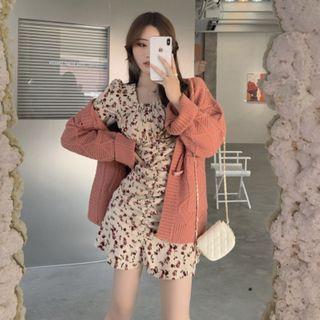 Toggle-front Cardigan / Long-sleeve Floral Print Mini Sheath Corduroy Dress