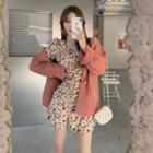 Toggle-front Cardigan / Long-sleeve Floral Print Mini Sheath Corduroy Dress