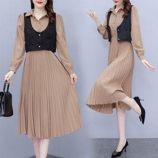 Pleated Midi A-line Shirtdress / Vest / Set