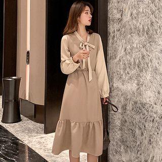 Tie-neck Long-sleeve Midi Shift Dress