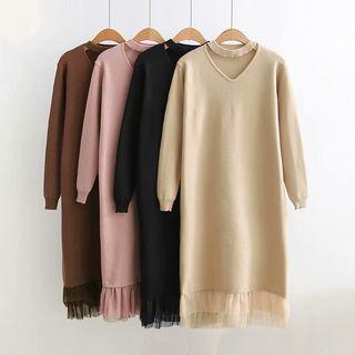 Mesh Panel Cut-out Long-sleeve Midi Knit Dress