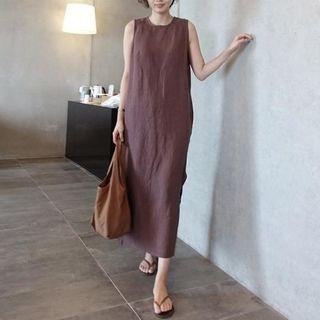 Sleeveless Linen Maxi Dress Dark Brown - One Size