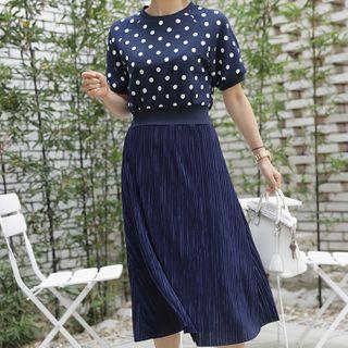 Dotted Crystal-pleat Maxi Mock Two-piece Dress