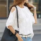 Cutout-shoulder Embroidered Blouse White - One Size