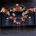 Wedding Set: Bead Branches Tiara + Fringed Earring Set - As Shown In Figure - 1 Pair Clip On Earrings - One Size