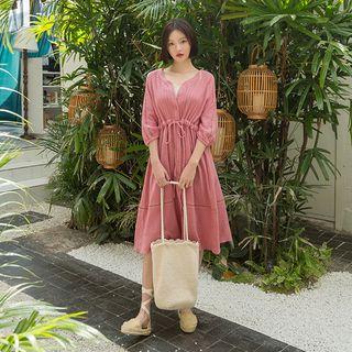 Perforated Drawstring-waist Long Shirtdress Pink - One Size