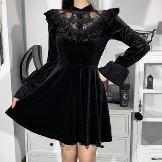 Bell-sleeve Lace Panel Velvet Mini A-line Dress