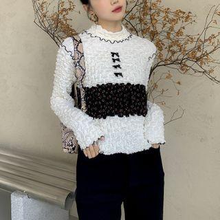 Long-sleeve Floral Panel Crinkled Top White - One Size