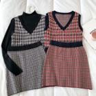 Set:v-neck Plaid Sleeveless Knit Vest + High-waist Skirt