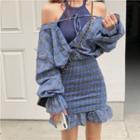 Mock-two Check Off-shoulder Dress As Figure - One Size