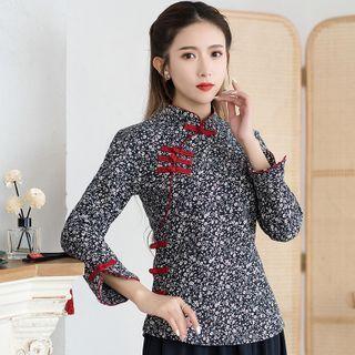 Long-sleeve Mandarin Collar Floral Print Top