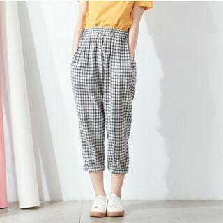 Elasticized Waist Gingham Cropped Pants
