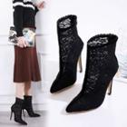 Pointy Toe High Heel Lace Panel Short Boots