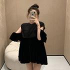 3/4-sleeve Cut-out Velvet Panel Mini A-line Dress