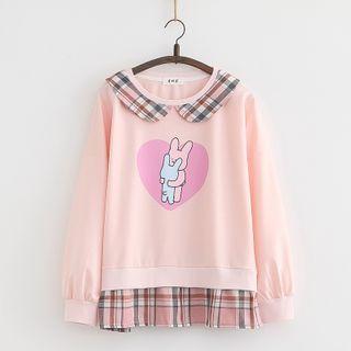 Plaid Panel Rabbit Print Sweatshirt