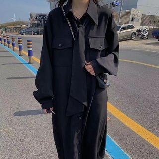 Long-sleeve A-line Midi Chiffon Shirtdress