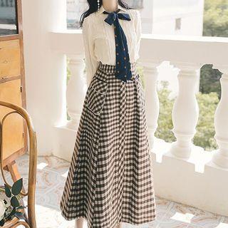 Set: Fringed Trim Blouse + Plaid Midi A-line Skirt