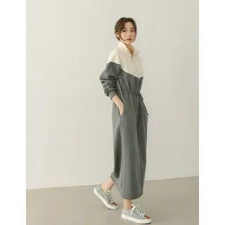 High-neck Drawstring-waist Color-block Dress