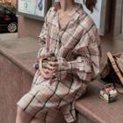 Long-sleeve Plaid V-neck Loose-fit Blouse