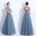Short-sleeve Floral Applique Lace Up Gown