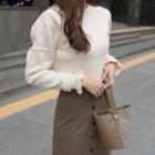 Puff-shoulder Frill-cuff Knit Top