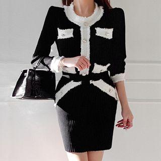 Set: Two Tone Cardigan + Mini Skirt Black - One Size