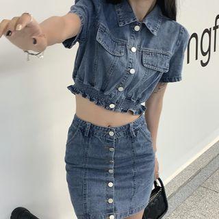 Short-sleeve Denim Crop Shirt / Mini Fitted Skirt