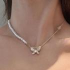 Faux Pearl Rhinestone Butterfly Necklace 1 Pc - White - One Size
