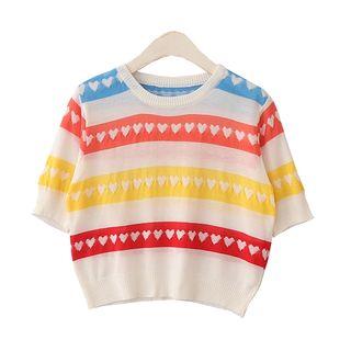 Heart Print Short-sleeve Knit Top Multicolor Stripes - White - One Size