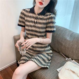 Short-sleeve Argyle Print Polo Knit Dress